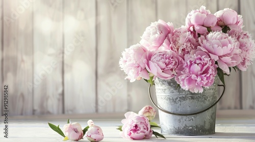 Fototapeta Naklejka Na Ścianę i Meble -  Pink Peonies in a Rustic Bucket on a White Wooden Background, peonies, flowers, rustic, vintage