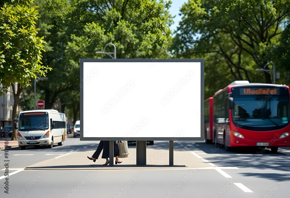 A white billboard on a city street with trees and buildings in the background A white billboard on a city street with trees and buildings in the background
