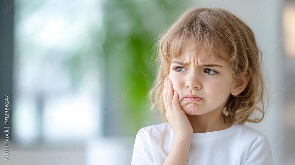A young child with a contemplative expression holding their cheek, possibly experiencing tooth pain or discomfort. A young child with a contemplative expression holding their cheek, possibly experiencing tooth pain or discomfort.