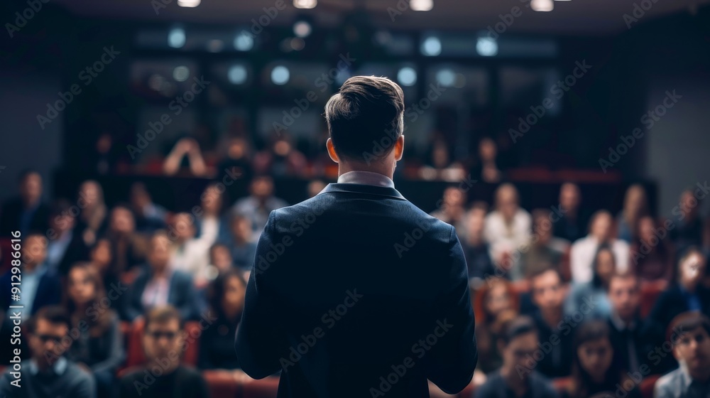 Speaker Addresses Audience from Behind, Back View, Man in Suit, Dark Background, Audience, Presentation, Public Speaking Speaker Addresses Audience from Behind, Back View, Man in Suit, Dark Background, Audience, Presentation, Public Speaking