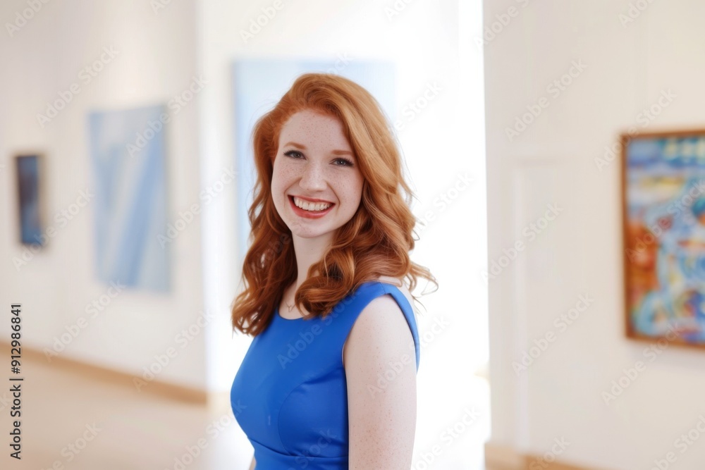 A woman in a blue dress is smiling in front of a wall of paintings. Scene is cheerful and lighthearted, as the woman is enjoying herself and posing for the camera A woman in a blue dress is smiling in front of a wall of paintings. Scene is cheerful and lighthearted, as the woman is enjoying herself and posing for the camera