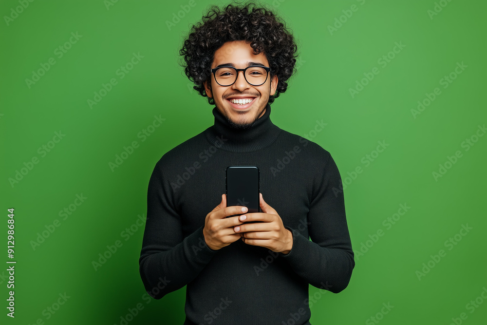 Smiling man with curly hair and glasses holding a smartphone against a green background. Technology and communication concept Smiling man with curly hair and glasses holding a smartphone against a green background. Technology and communication concept