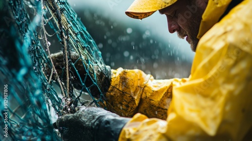 A fisherman in a yellow raincoat focuses on mending his fishing nets while rain falls in a coastal area.