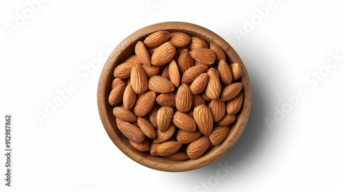 Top View of Wooden Bowl Filled with Raw Almonds on White Background