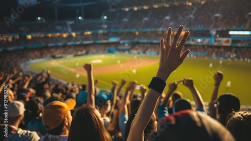 Enthusiastic Fans Cheering at a Nighttime Baseball Game in a Major Stadium