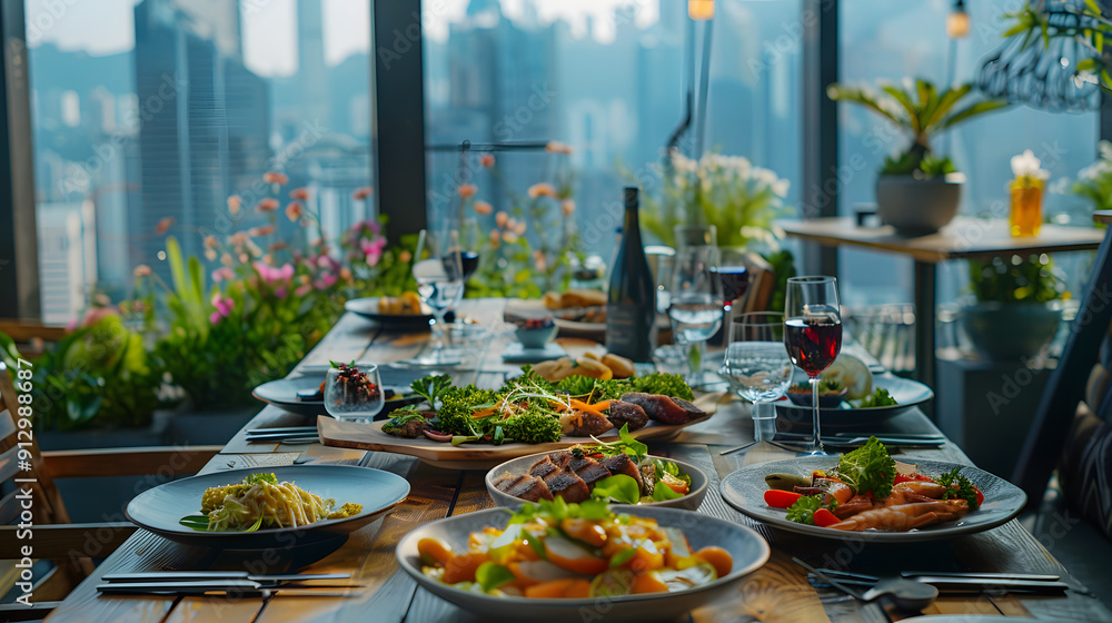 A grand dining table with a feast of international dishes in a bustling city rooftop restaurant. A grand dining table with a feast of international dishes in a bustling city rooftop restaurant.