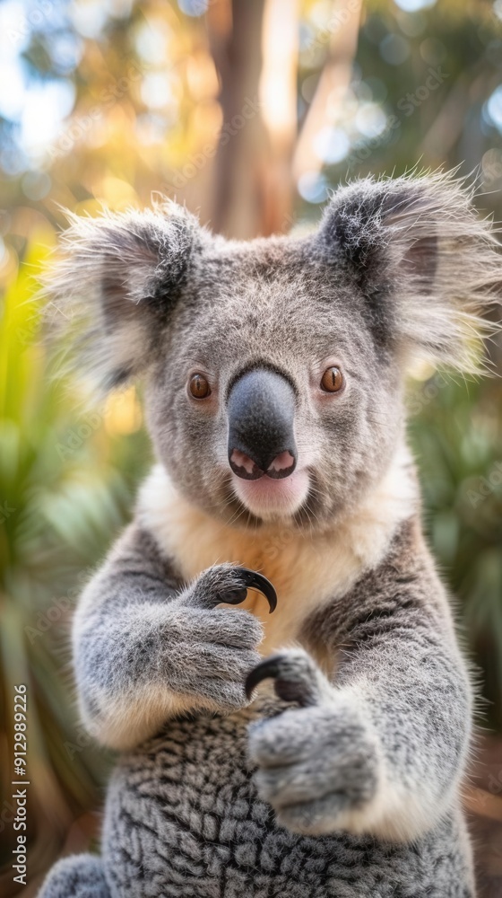 Naklejka premium The Koala with a thumbs up, closeup shot, warm natural light, simple background, endearing expression, detailed fur