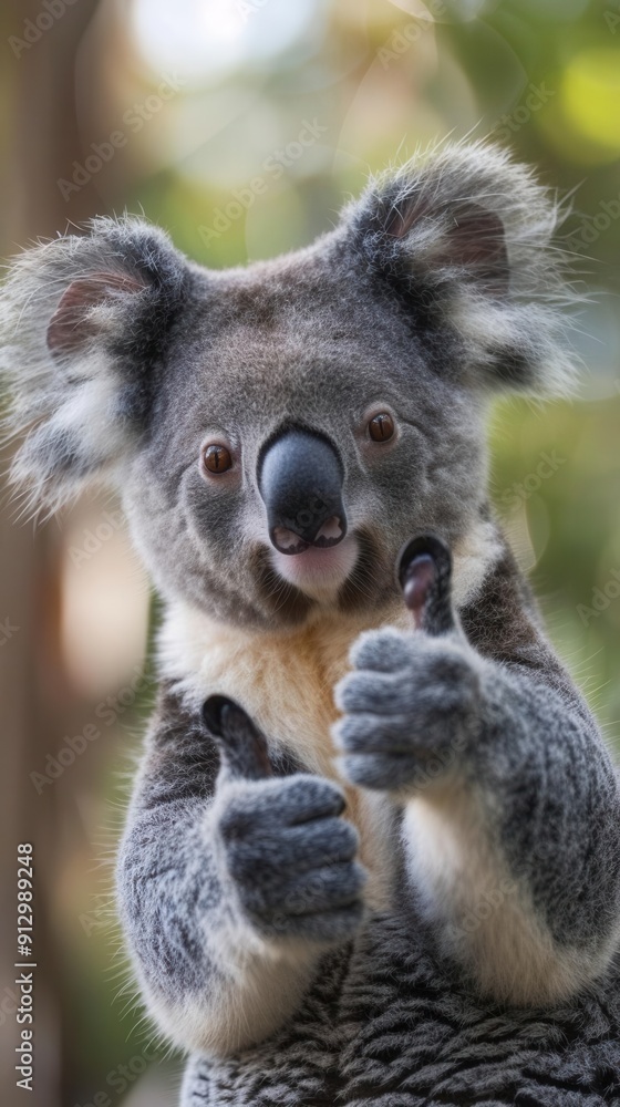 Fototapeta premium Koala with a thumbs up, closeup shot, warm natural light, simple background, endearing expression, detailed fur