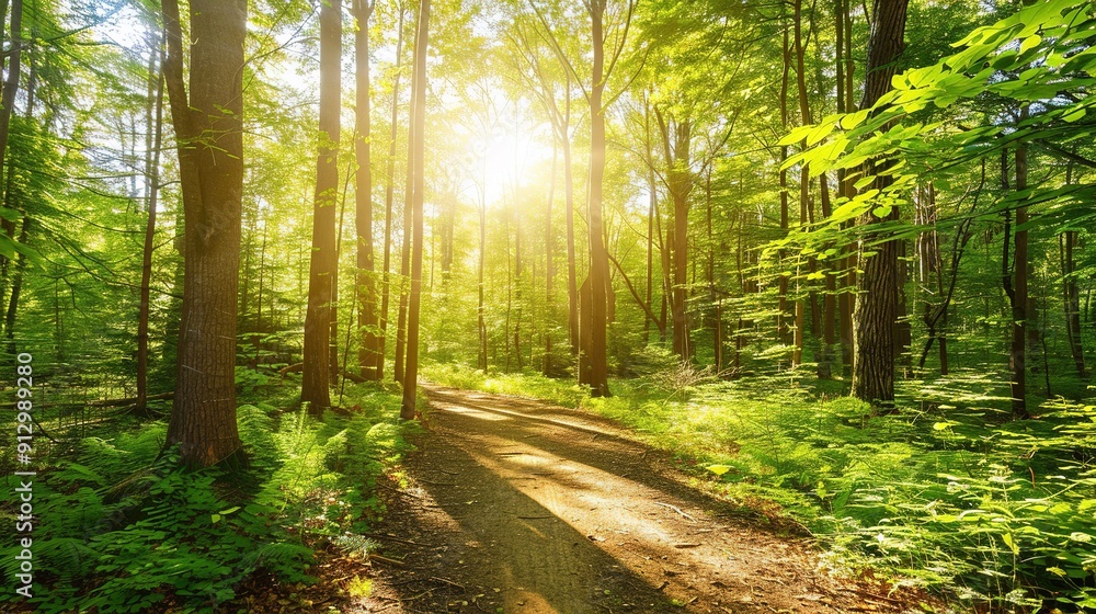 Fototapeta premium Radiant Sunlight Filtering Through Lush Green Forest Trees Along A Serene Pathway