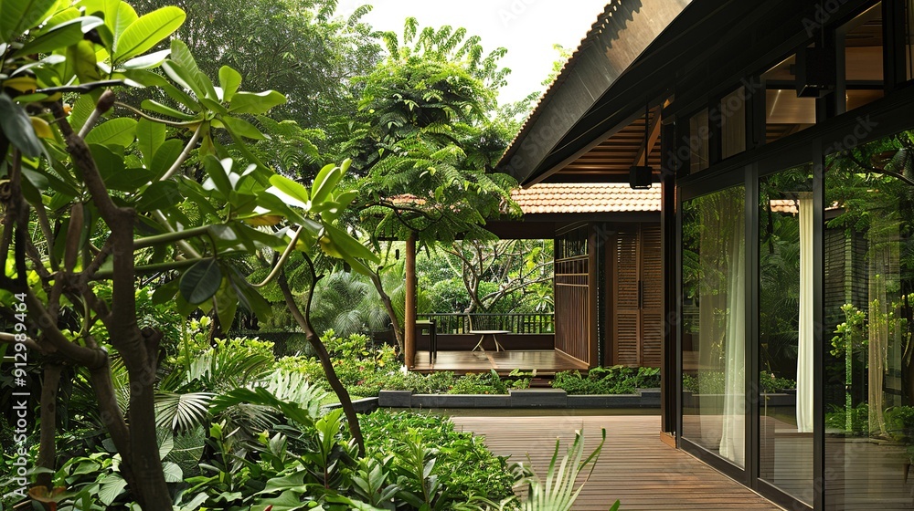 Serene Green Landscape Surrounding Modern Architecture in Lush Tropical Environment Serene Green Landscape Surrounding Modern Architecture in Lush Tropical Environment