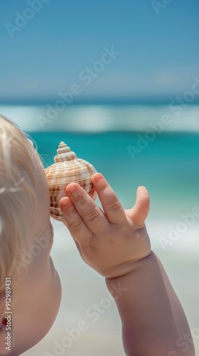 Child holding seashell by ear on beach.