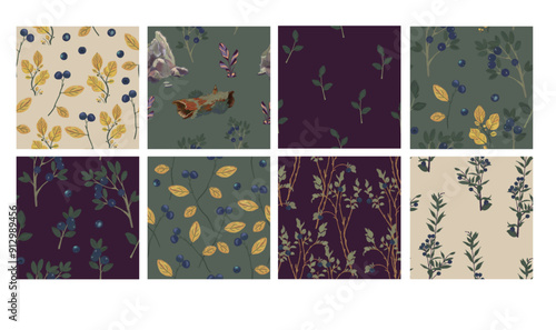 Set of seamless nursery patterns with plants, herbs, branches, blueberries, stones and logs for wallpaper and bed linen