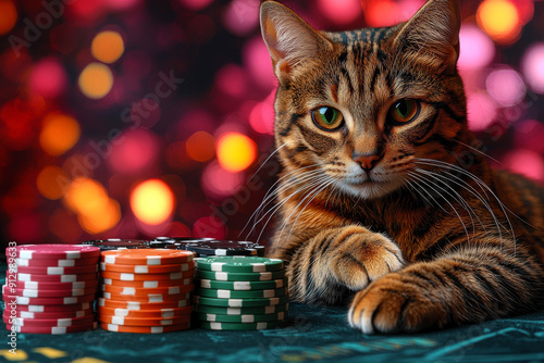 Animal Cat plays poker blackjack in a casino, fantasy