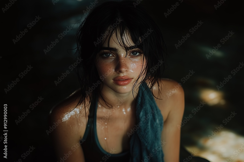 Sweaty Woman with Blue Towel in Dimly Lit Room Sweaty Woman with Blue Towel in Dimly Lit Room