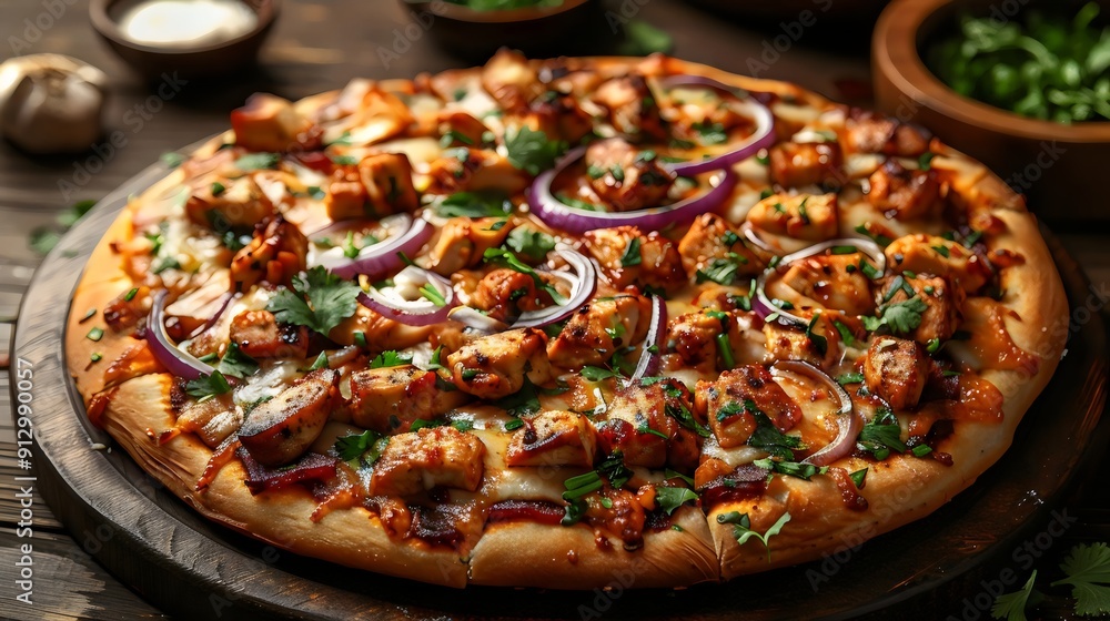 A pizza with chicken and onions on it A pizza with chicken and onions on it