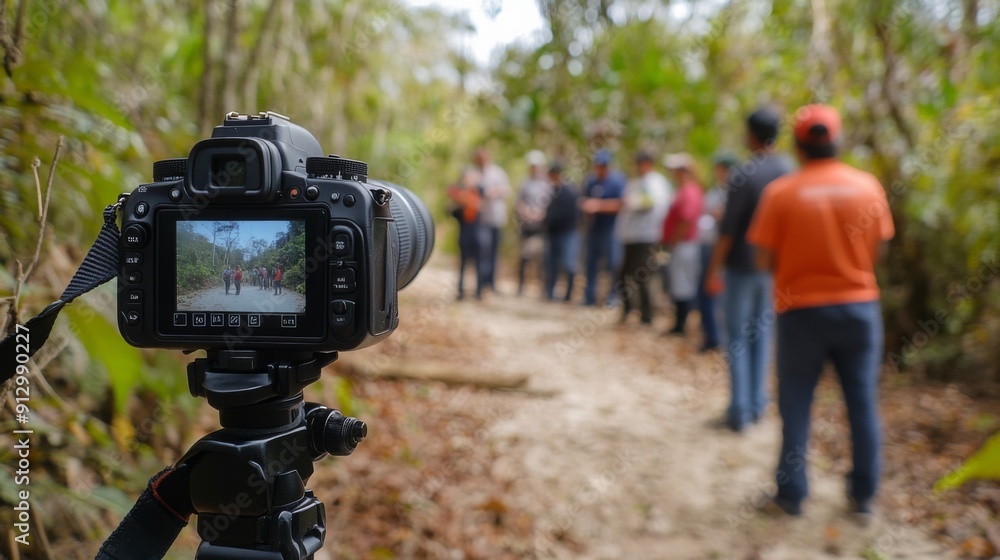 A camera captures a group of individuals engaged in discussion while surrounded by greenery on a forest path. A camera captures a group of individuals engaged in discussion while surrounded by greenery on a forest path.
