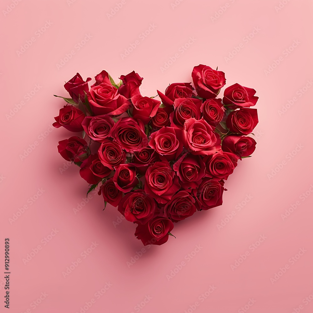 Valentines Day Heart Made of Red Roses on pink Background Valentines Day Heart Made of Red Roses on pink Background