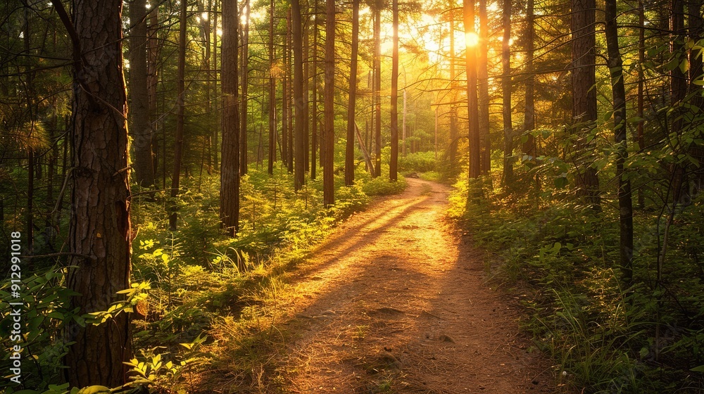 Obraz premium Sunlight Streaming Through Trees Along a Winding Path in the Forest at Dusk