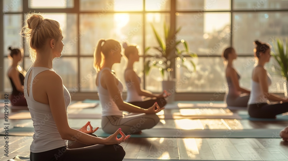 Morning Yoga Session With Group of Women Practicing Mindfulness in Bright Studio Morning Yoga Session With Group of Women Practicing Mindfulness in Bright Studio