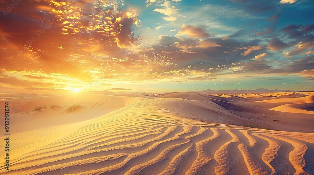 Beautiful Sunrise Over Rippling Sand Dunes in a Vast Desert Landscape Beautiful Sunrise Over Rippling Sand Dunes in a Vast Desert Landscape