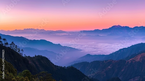 Majestic Sunrise Over Misty Mountainscape View in Remote Region