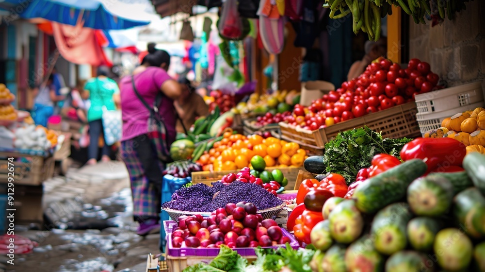 Vibrant Local Market Bustling With Fresh Fruits and Vegetables in Early Morning Vibrant Local Market Bustling With Fresh Fruits and Vegetables in Early Morning
