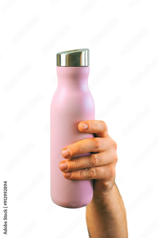 Closeup hand holding pink metal water bottle mock up isolated on transparent background, water container