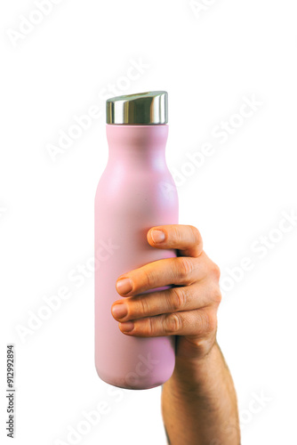 Obraz na płótnie Closeup hand holding pink metal water bottle mock up isolated on transparent background, water container w salonie
