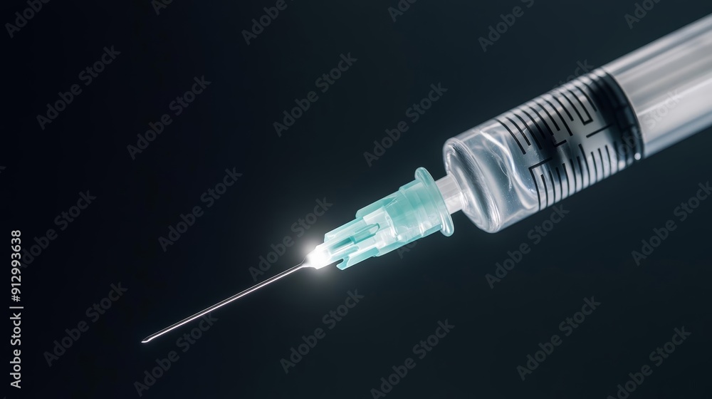 Close-up of a syringe with a luminous white light at the needle tip, emphasizing medical precision in a dark environment Close-up of a syringe with a luminous white light at the needle tip, emphasizing medical precision in a dark environment