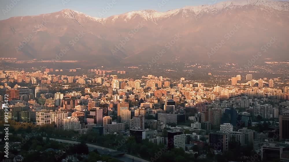 Santiago Skyline at Sunset from Cerro San Cristobal Hill, Santiago de Chile, Chile. 4K Resolution. Santiago Skyline at Sunset from Cerro San Cristobal Hill, Santiago de Chile, Chile. 4K Resolution.