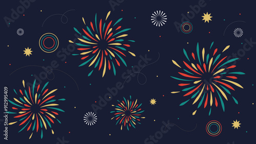 Illustration vectorielle feu d'artifice. Bannière illustrée festive avec des étoiles et des ornements. Icones et illustrations.	
