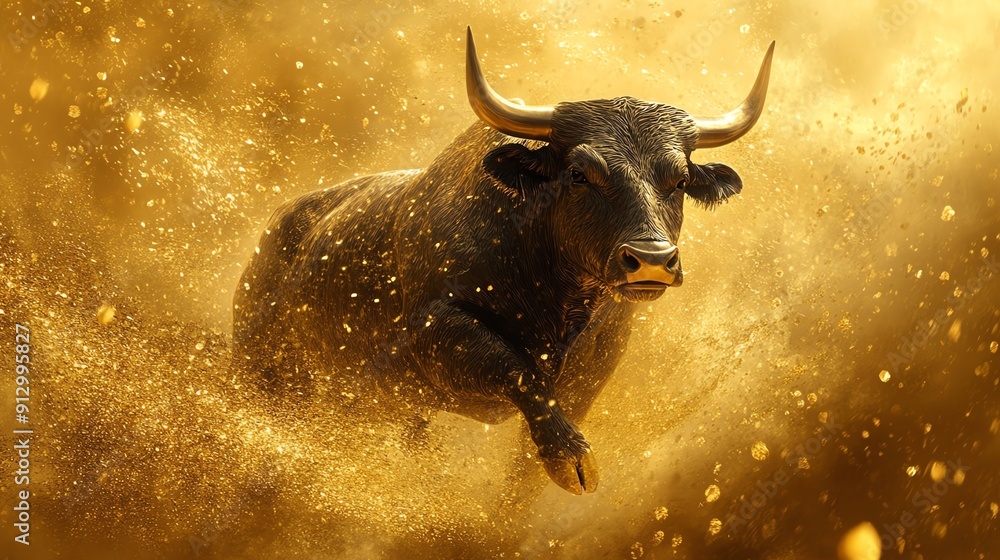 Majestic bull charging forward in a vibrant golden dust cloud, capturing the essence of strength and power in a dynamic and dramatic scene. Majestic bull charging forward in a vibrant golden dust cloud, capturing the essence of strength and power in a dynamic and dramatic scene.