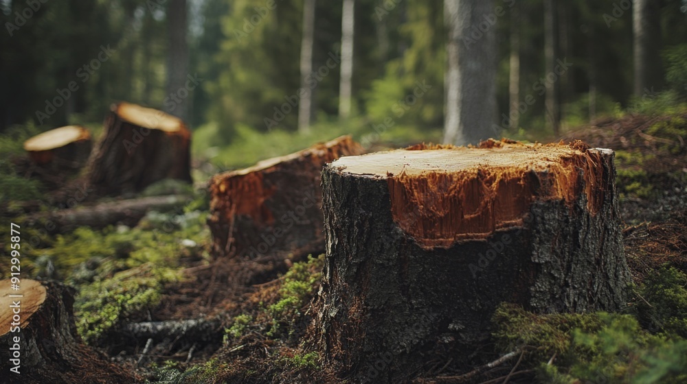 Freshly cut tree stumps lie on the forest floor, surrounded by green moss and tall trees, with soft light filtering through the foliage. Freshly cut tree stumps lie on the forest floor, surrounded by green moss and tall trees, with soft light filtering through the foliage.