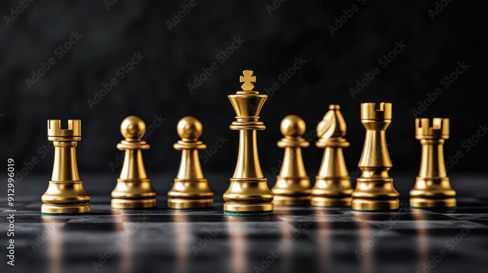 Elegant golden chess pieces arranged on a chessboard against a dark background, symbolizing strategy and intelligence. Elegant golden chess pieces arranged on a chessboard against a dark background, symbolizing strategy and intelligence.