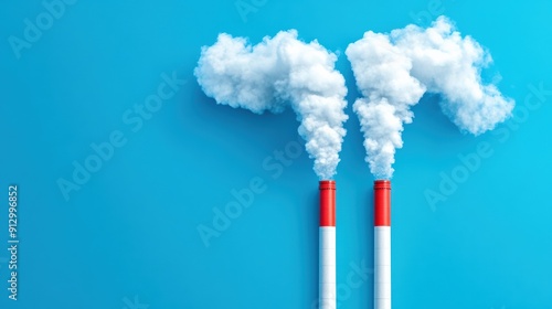 Two red and white smokestacks emitting thick white smoke against a bright blue sky, illustrating industrial pollution and air quality issues.