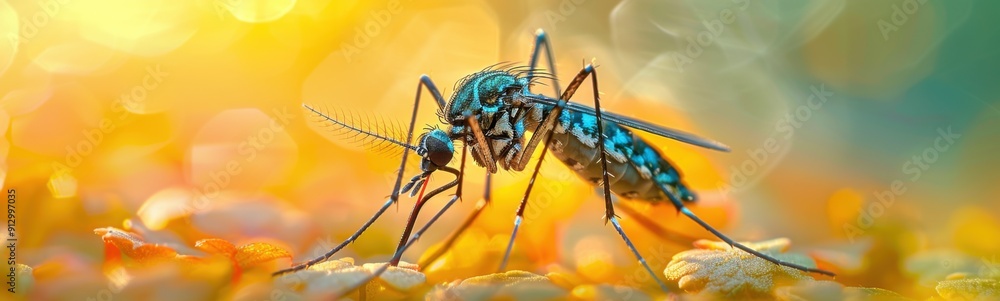 Fototapeta premium Mosquito that is sitting on some rocks, Banner, Copy space