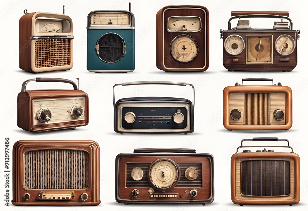 Discover a Set of Retro Old Broadcast Radios Isolated on a White Background for Vintage Audio Collection Discover a Set of Retro Old Broadcast Radios Isolated on a White Background for Vintage Audio Collection