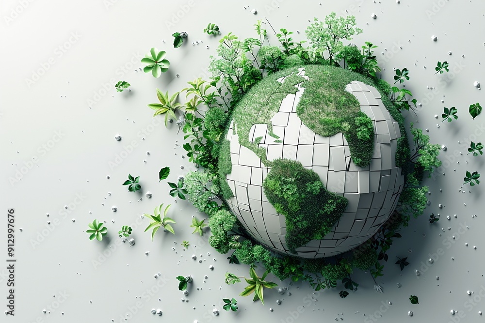Globe with ecofriendly transport and green technology symbols minimalistic flat blue background art space for text Globe with ecofriendly transport and green technology symbols minimalistic flat blue background art space for text