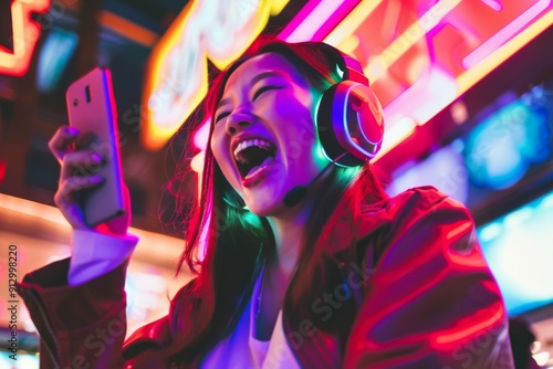 A woman is smiling and holding a cell phone while wearing headphones. She is in a neon-lit environment, which gives the impression of a fun and lively atmosphere