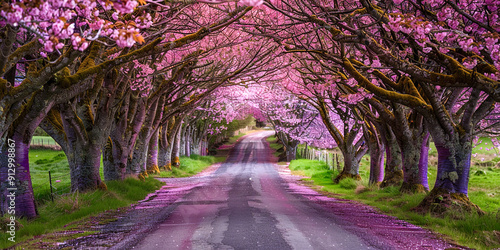 A cherry blossom-strewn road