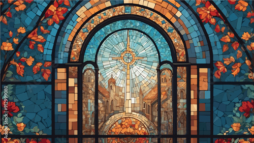 Minimalist Mosaic Church Window - Simplistic Stained Glass Vector Illustration