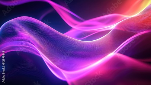 3D abstract shape emitting ultraviolet light with curvy neon lines on a bright background.