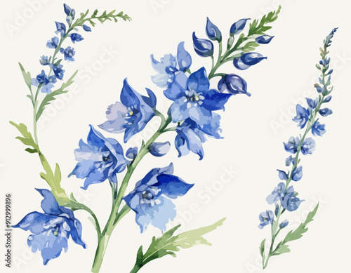 Delphinium Floral Sprig in Watercolor, Handcrafted Botanical Illustration, Colorful Flower Design.