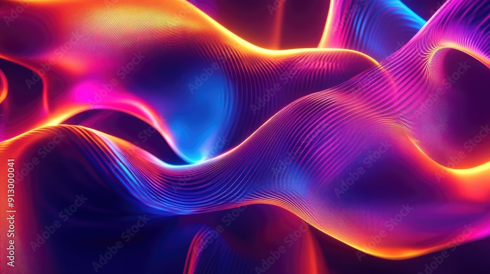 3D abstract shape glowing in UV light with curvy neon lines, set against a colorful background. Futuristic energy concept. 3D abstract shape glowing in UV light with curvy neon lines, set against a colorful background. Futuristic energy concept.