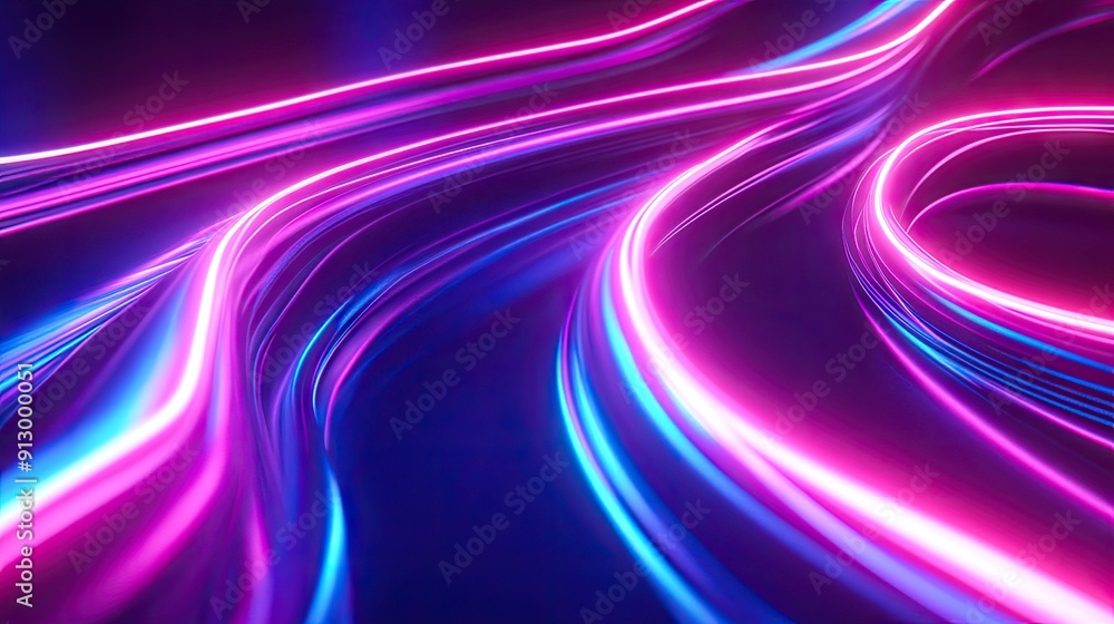 3D abstract shape glowing in UV light with curvy neon lines, set against a colorful background. Futuristic energy concept. 3D abstract shape glowing in UV light with curvy neon lines, set against a colorful background. Futuristic energy concept.