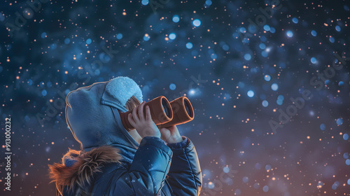 A photo of a child in explorer gear looking through binoculars under a starry night sky. 