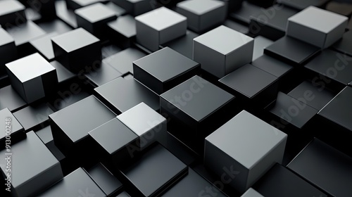 3D geometric blocks arranged in an abstract pattern on a black background.