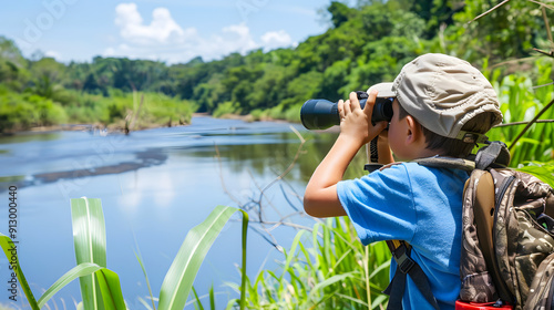 A photo of a child in explorer gear looking through binoculars by a riverside. 