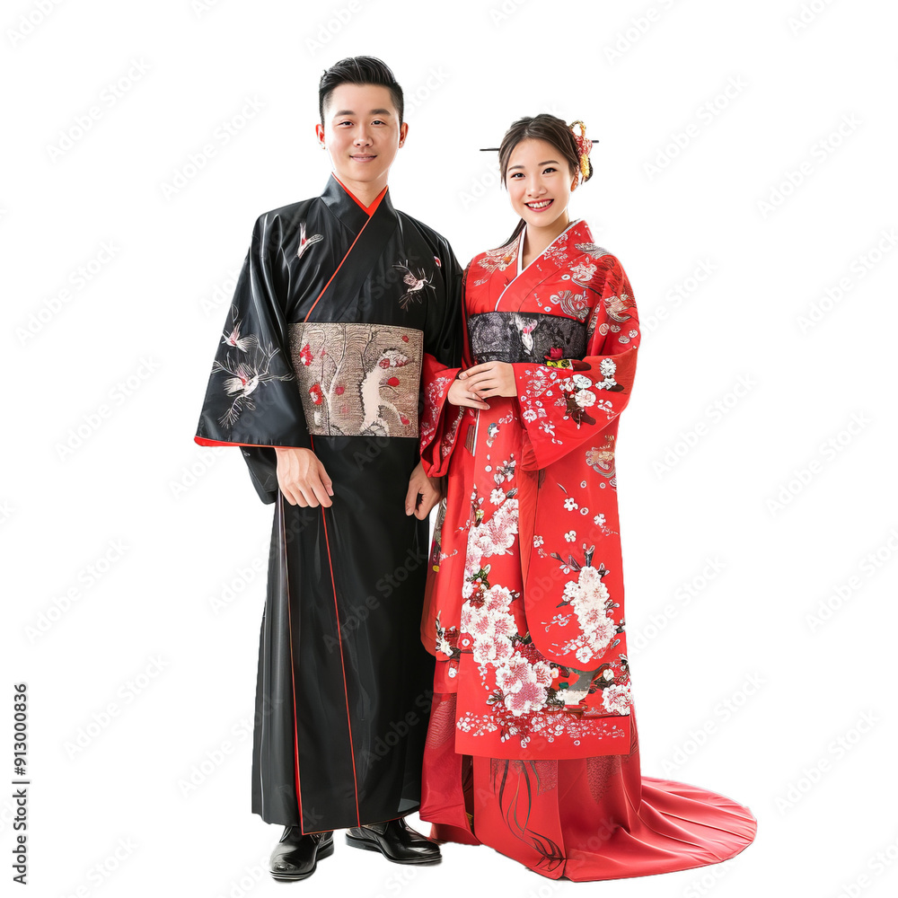 Fototapeta premium Young couple is posing for their wedding photos in traditional japanese kimonos