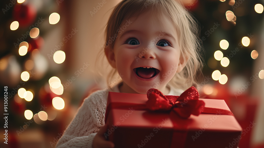 Close-up of a happy child holding a gift box with a Christmas present, a surprised and excited baby girl receiving Christmas gifts at home, a laughing toddler opening a big red gif Close-up of a happy child holding a gift box with a Christmas present, a surprised and excited baby girl receiving Christmas gifts at home, a laughing toddler opening a big red gif